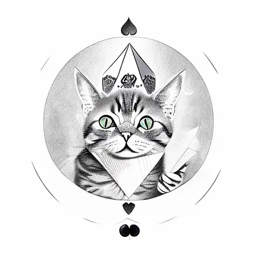 cat holding 2 cards Q heart and Q diamond pose as poker master tattoo design idea