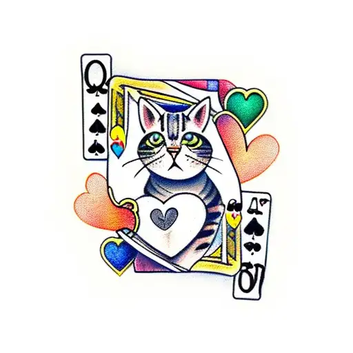 cat with card Q heart and Q diamond as poker master tattoo design idea