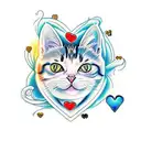 cat with card Q heart and Q diamond as poker master tattoo design idea