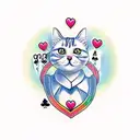 cat with card Q heart and Q diamond as poker master tattoo design idea