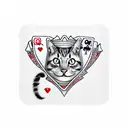 cat with card Q heart and Q diamond as poker master tattoo design idea