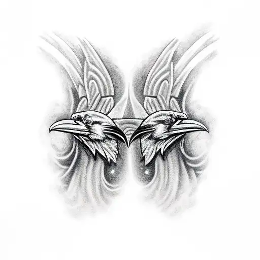 Two ravens back to back with thors hammer in the middle  tattoo design idea