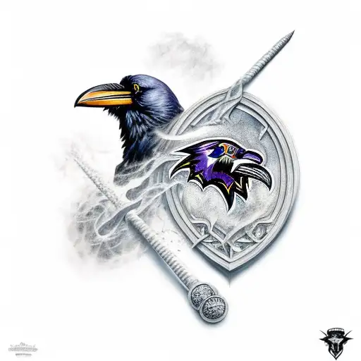 Two ravens back to back with thors hammer in the middle  tattoo design idea