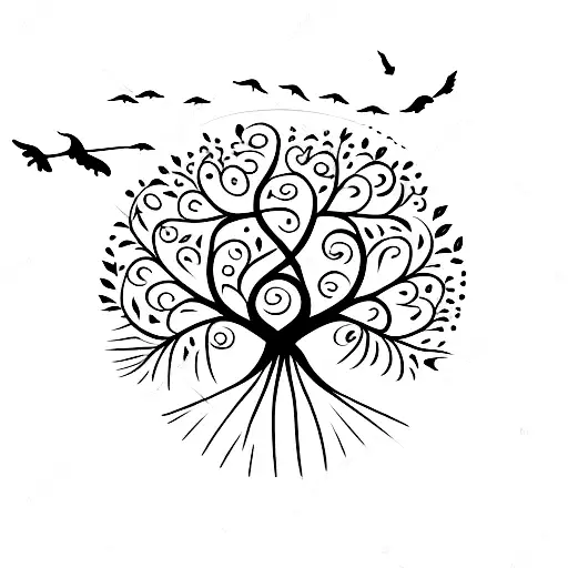 Sketch-style tree of life with birds flying out of the branches tattoo design idea