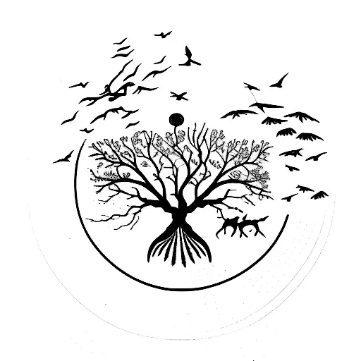 Sketch-style tree of life with birds flying out of the branches tattoo design idea