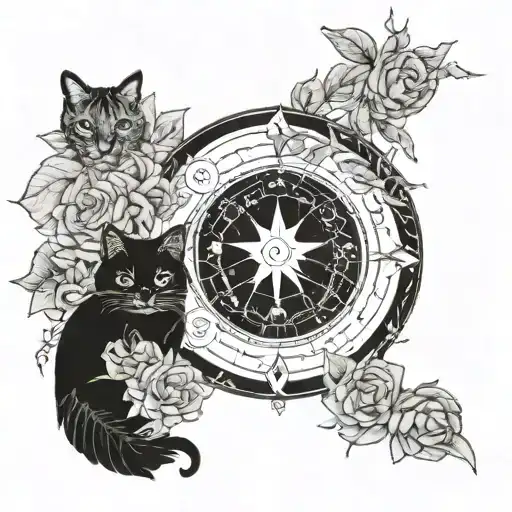 A blackwork tattoo of an astronomy-themed wreath with lucky cat and tarot symbols intertwined tattoo design idea