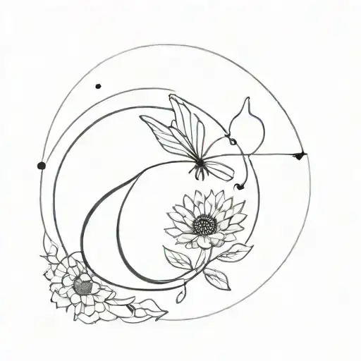 A minimalist tattoo design with a circular shape, featuring a black cat, a butterfly, and a sunflower as the main elements tattoo design idea