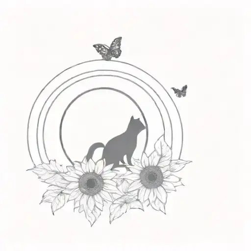 A minimalist tattoo design with a circular shape, featuring a black cat, a butterfly, and a sunflower as the main elements tattoo design idea