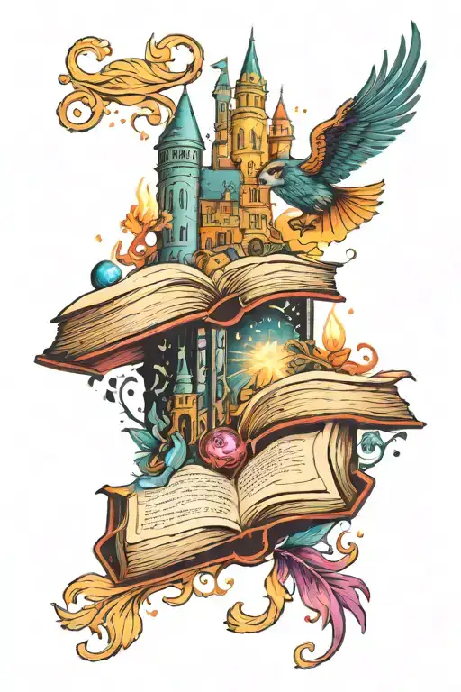 A new-school style tattoo of a magical book opening to reveal a scene from Harry Potter, with vibrant colors and whimsical details tattoo design idea