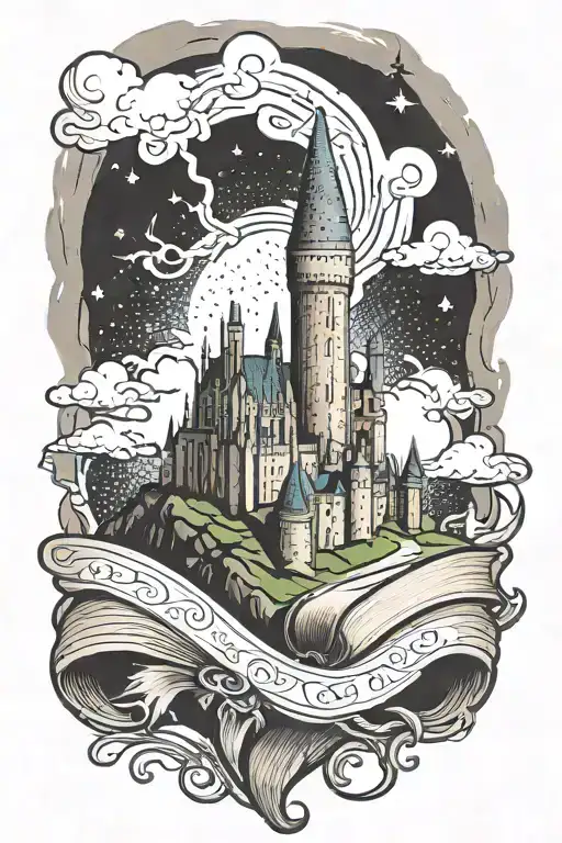 A traditional style tattoo of the Hogwarts castle with a stack of books and a lightning bolt in the background, symbolizing the client's love for reading and Harry Potter tattoo design idea