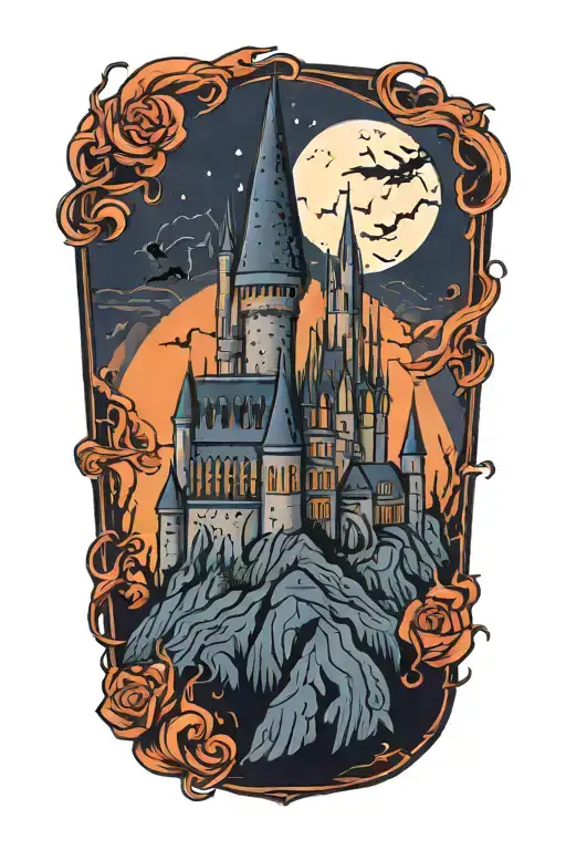 A new-school design of the Hogwarts castle surrounded by Dementors, representing the client's passion for Harry Potter and dark magical creatures tattoo design idea