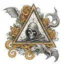A traditional tattoo of the Deathly Hallows symbol with a Dementor looming in the background, reflecting the client's favorite things and interests tattoo design idea