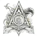 A traditional tattoo of the Deathly Hallows symbol with a Dementor looming in the background, reflecting the client's favorite things and interests tattoo design idea