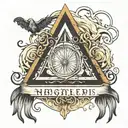 A traditional tattoo of the Deathly Hallows symbol with a Dementor looming in the background, reflecting the client's favorite things and interests tattoo design idea
