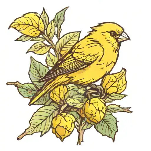 yellow canary on a branch of acorn leaves tattoo design idea
