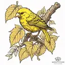 yellow canary on a branch of acorn leaves tattoo design idea