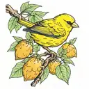 yellow canary on a branch of acorn leaves tattoo design idea