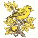 yellow canary on a branch of acorn leaves tattoo design idea