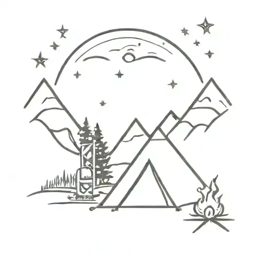 camp fire and tent with a mountain tattoo design idea