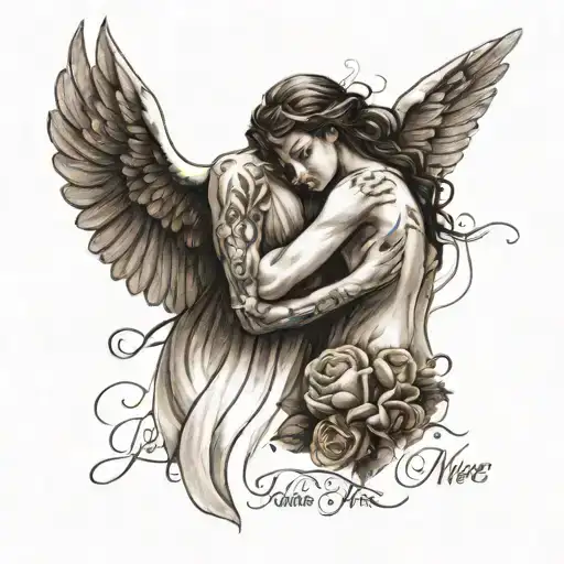 parents like two angels holding hands looking down,with a quote always with me,realistic black and white tattoo design idea