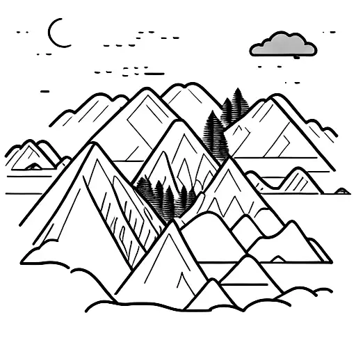 draw a steep cuesta-shaped mountain range in the background. The hillside slopes down towards the bottom of the picture  tattoo design idea