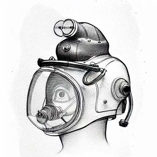 Old scuba diving helmet tattoo design idea