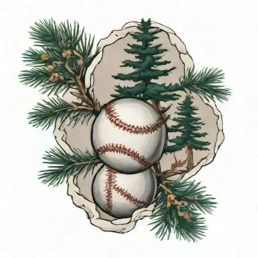 three pine trees and baseball ball in middle with ripped seams tattoo design idea
