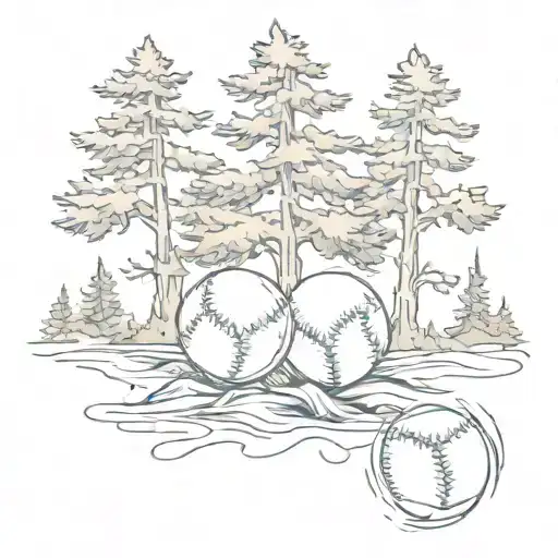 three pine trees and one baseball ball in middle with ripped seams tattoo design idea