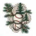 three pine trees and baseball ball in middle with ripped seams tattoo design idea