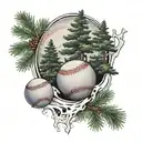 three pine trees and baseball ball in middle with ripped seams tattoo design idea