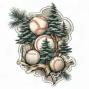 three pine trees and baseball ball in middle with ripped seams tattoo design idea