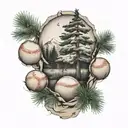 three pine trees and baseball ball in middle with ripped seams tattoo design idea
