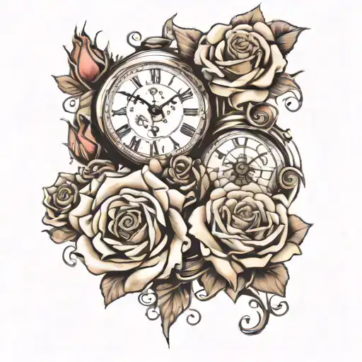 3 time pieces arranged with different faces all telling different times. roses around the clocked and half sleevess tattoo design idea