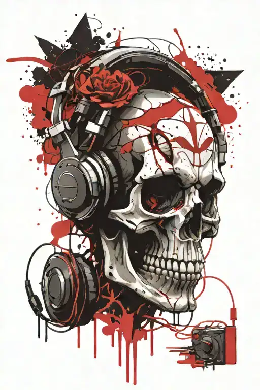 spooky skull wearing headphones tattoo design idea