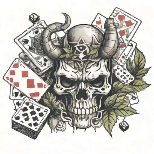 devil snorting cocaine with dice and cards smoking weed leaves tattoo design idea