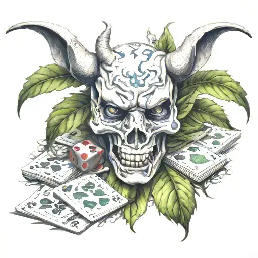 devil snorting cocaine with dice and cards smoking weed leaves vile of cocaine  tattoo design idea