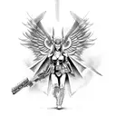 A devilish angel warrior in military attire wielding a robotic weapon tattoo design idea