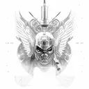 A devilish angel warrior in military attire wielding a robotic weapon tattoo design idea