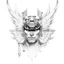 A devilish angel warrior in military attire wielding a robotic weapon tattoo design idea