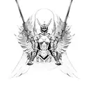 A devilish angel warrior in military attire wielding a robotic weapon tattoo design idea