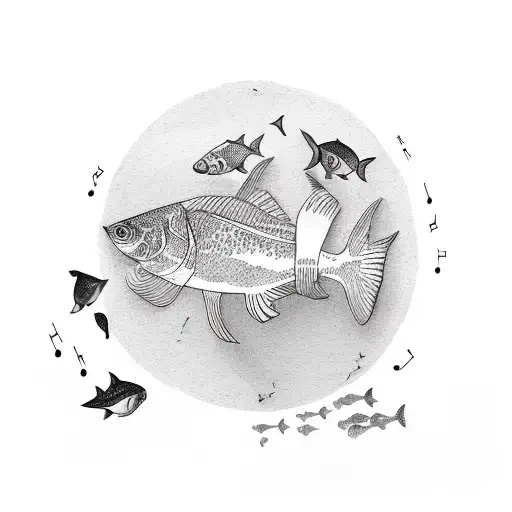 A surreal scene of a person eating meat while surrounded by fish and music notes tattoo design idea