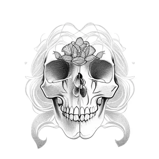 Half the face of a woman and half skull. Nature themed tattoo design idea