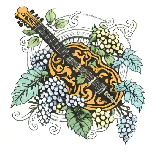 tortoise shell, lyre, grapes, acacia leaves tattoo design idea