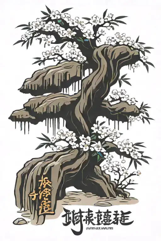 discipline in kanji with bamboo or bonsai tree or cherry blossom  tattoo design idea
