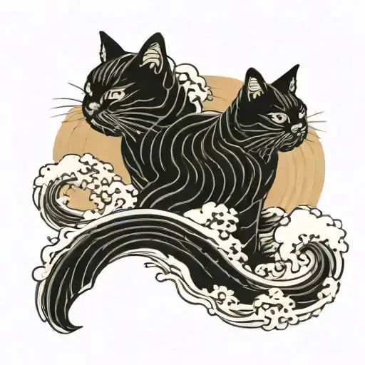 japanese waves and cats from old japanese pictures in black color tattoo design idea