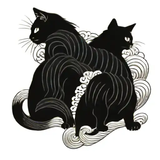 japanese waves and two or more cats from old japanese pictures in black color tattoo design idea