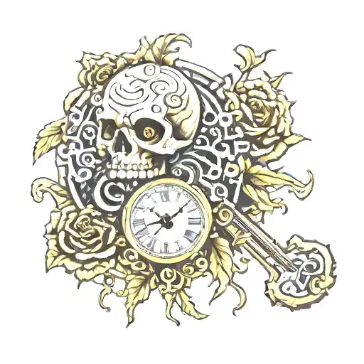 zombie skull key clock steam punk tattoo design idea