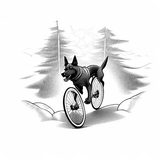 A dynamic composition of a dog chasing a bike through a forest trail tattoo design idea