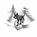 A dynamic composition of a dog chasing a bike through a forest trail tattoo design idea