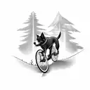 A dynamic composition of a dog chasing a bike through a forest trail tattoo design idea